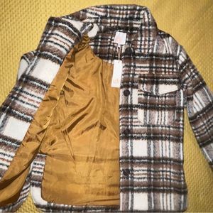 GB Girls Brown White Plaid Jacket Coat front pockets side slits Size Large